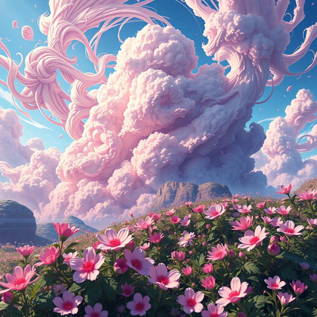 Anime-Inspired 3D Render of Swirling Clouds and Flowers