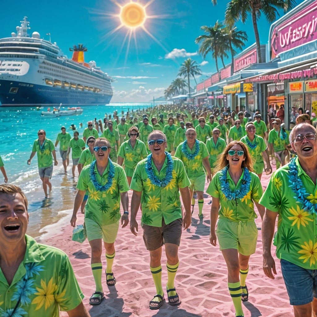 Satirical Art of Mass Boomer Tourism in Surreal Scene