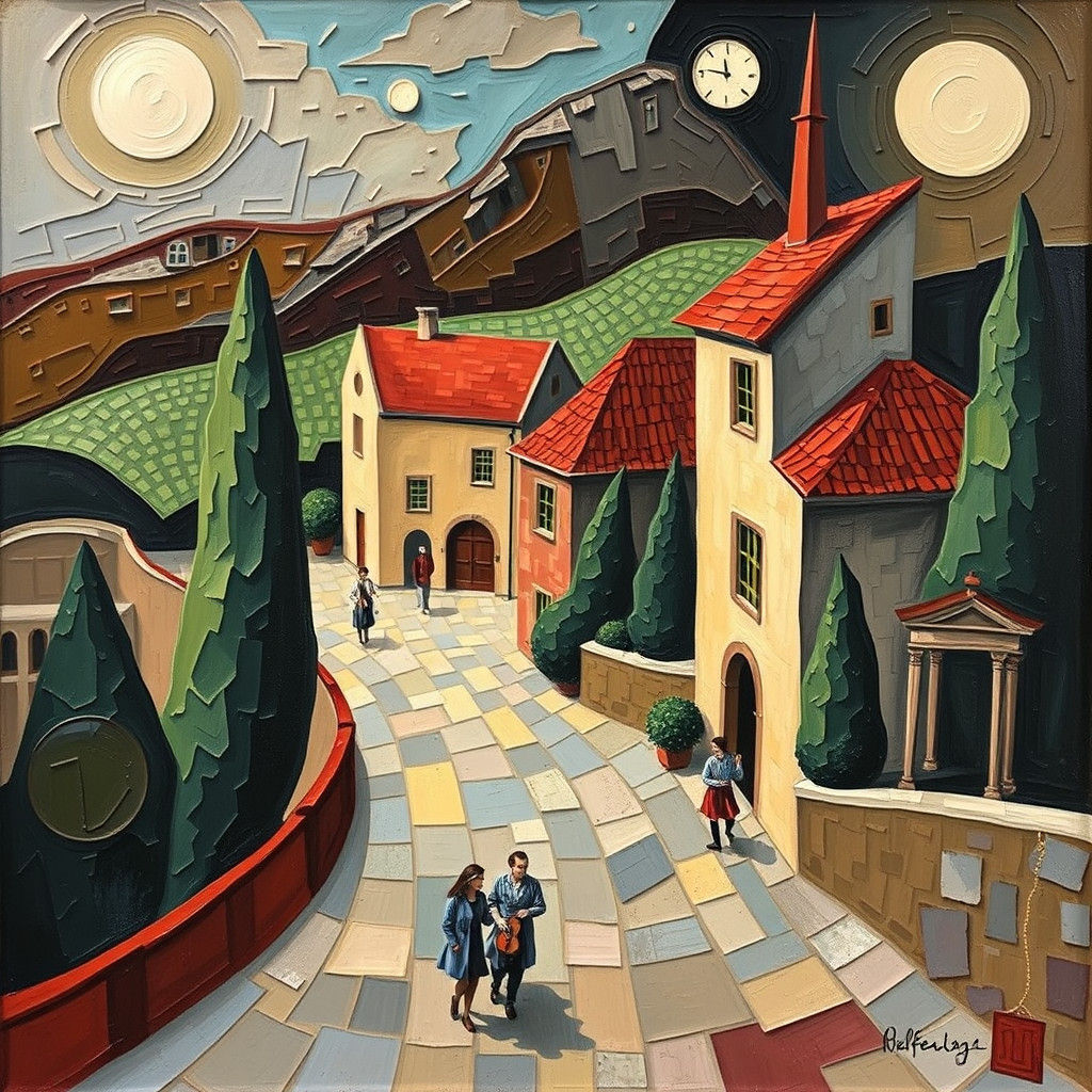 Romantic Oil Painting: Rollin' Home in Abstract Cubism