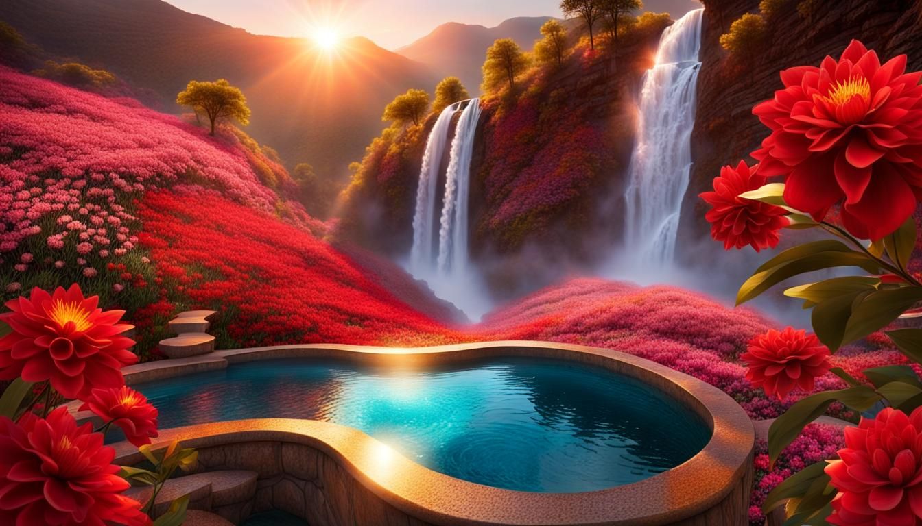 Magical Waterfall with Crystal Mountains and Glowing Flowers