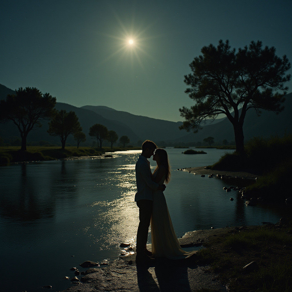Romantic Couple by Riverbank in Moonlit Cinematic Scene