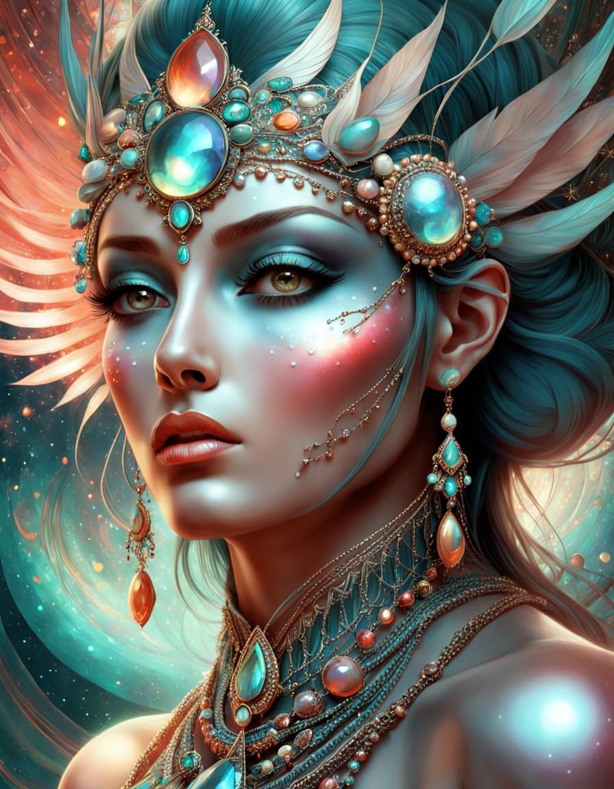 Serene Fantasy Maiden with Iridescent Gemstones