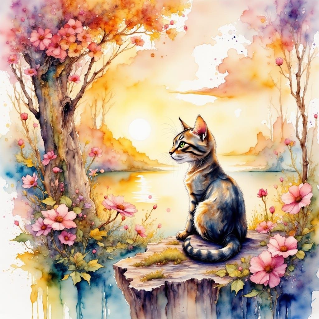 Watercolor Cat Contemplates Sunrise