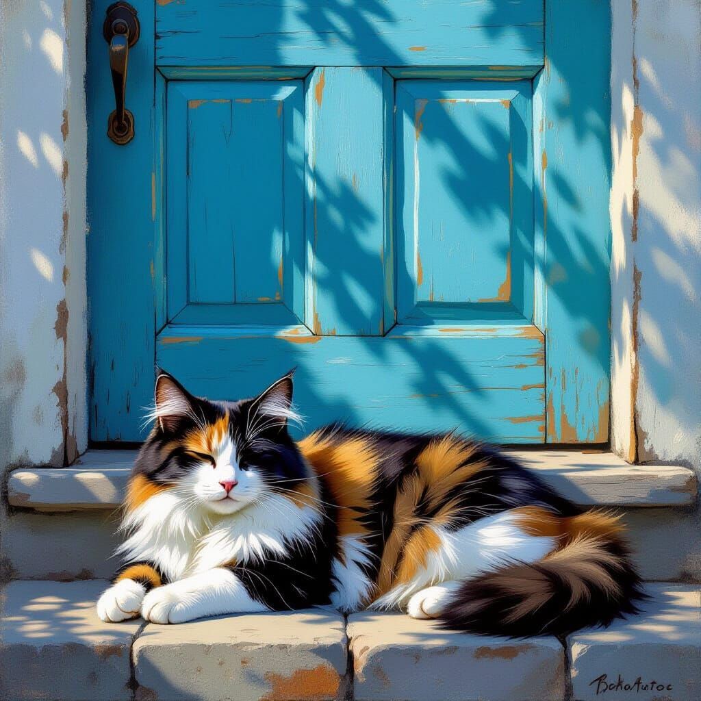 Fluffy Cat Rests by Old Blue Door