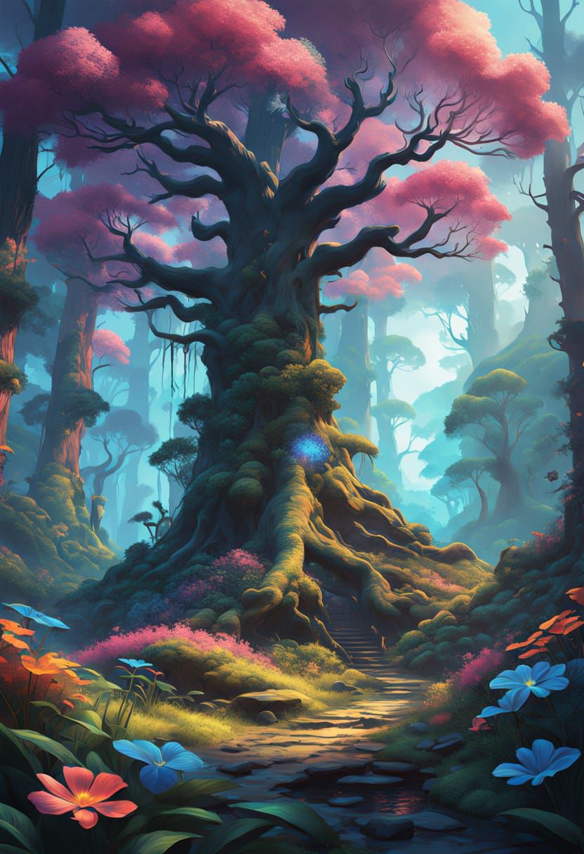 Vibrant Forest Landscape in Hyper-Realistic Pop Art Style