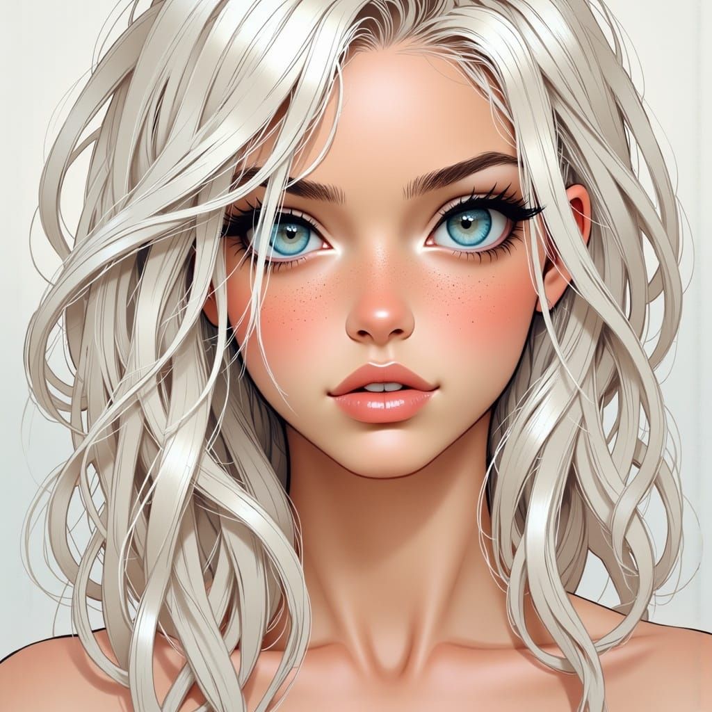 Winking Woman Illustration with White Hair and Blue Eyes