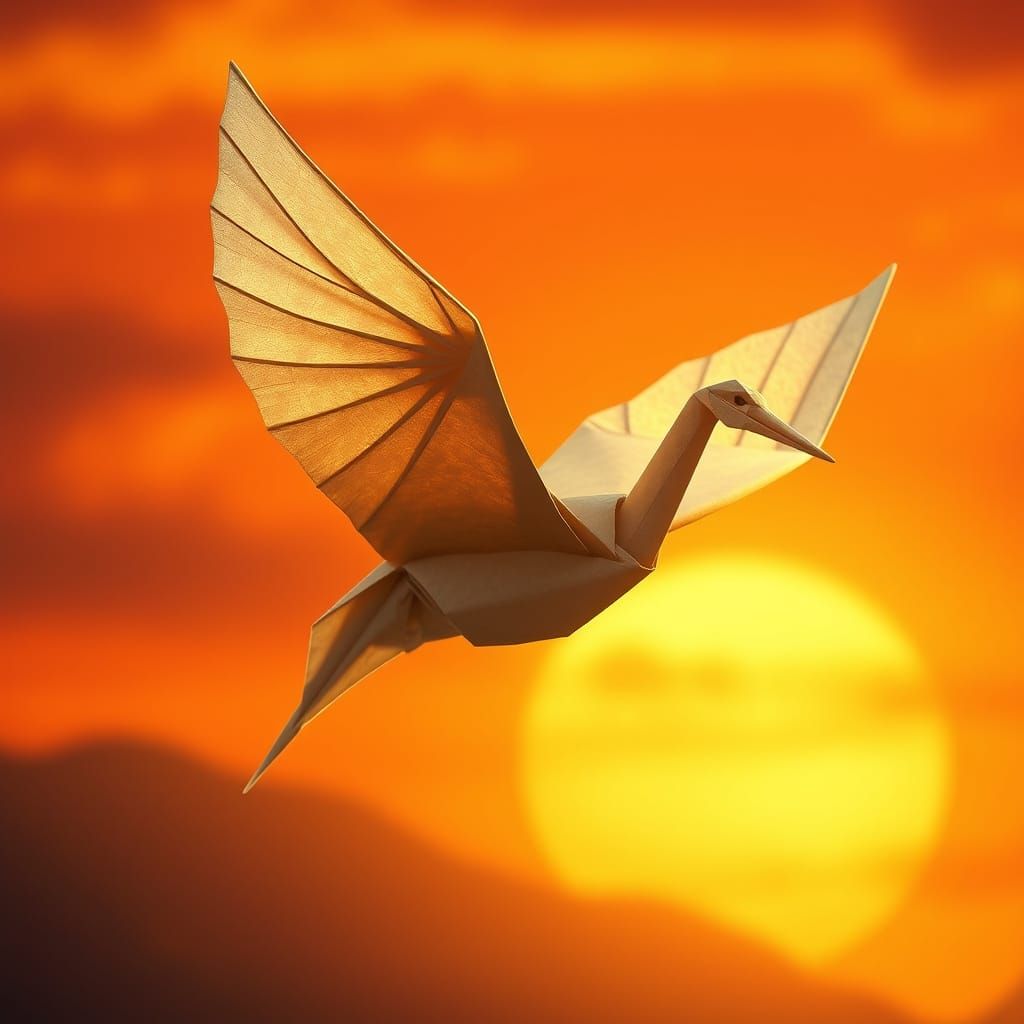 Origami Crane Takes Flight in Vibrant Sunset Landscape