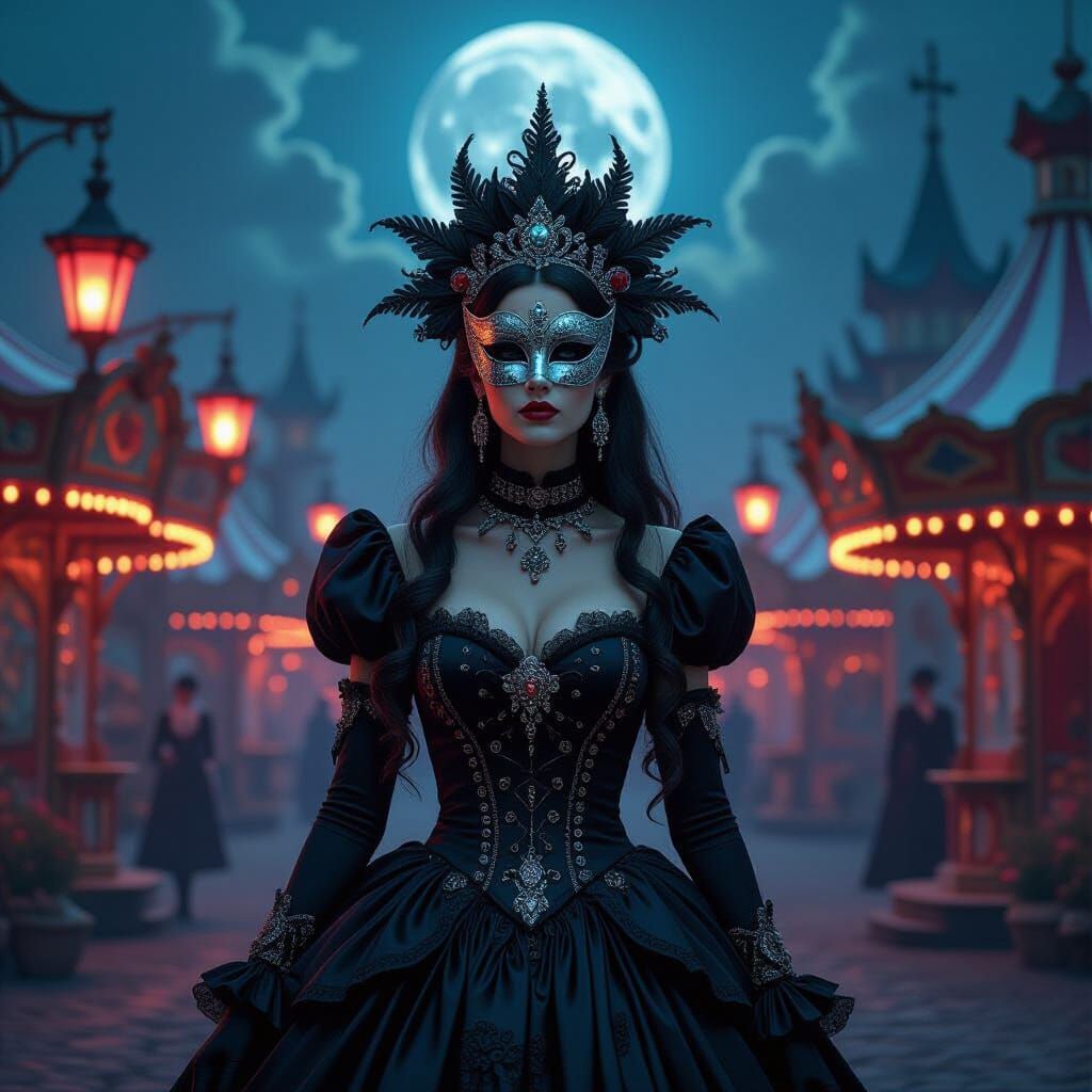 Mystical Woman at Gothic Carnival in Vibrant Digital Art