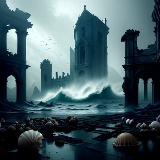 Goth Model in Urban Ruin with Giant Sea Shells