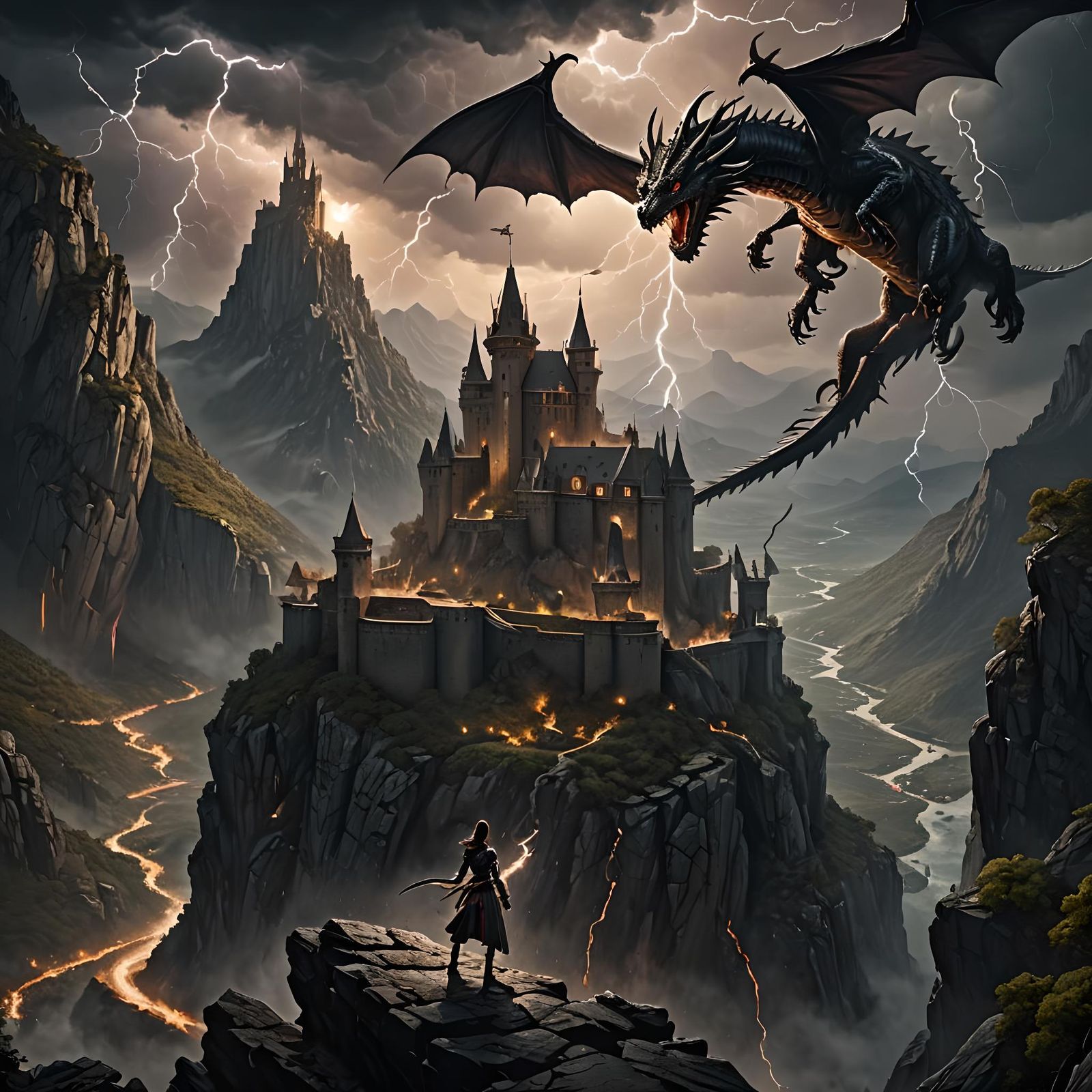 Dragon Rider College in Lightning Storm: Fantasy Art