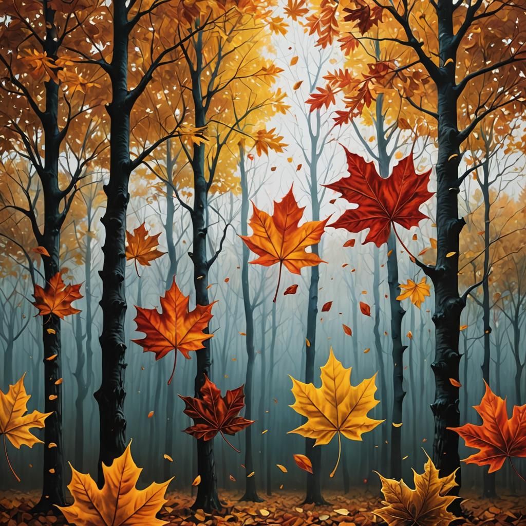 Autumn Landscape with Falling Leaves in Hyperrealistic Style