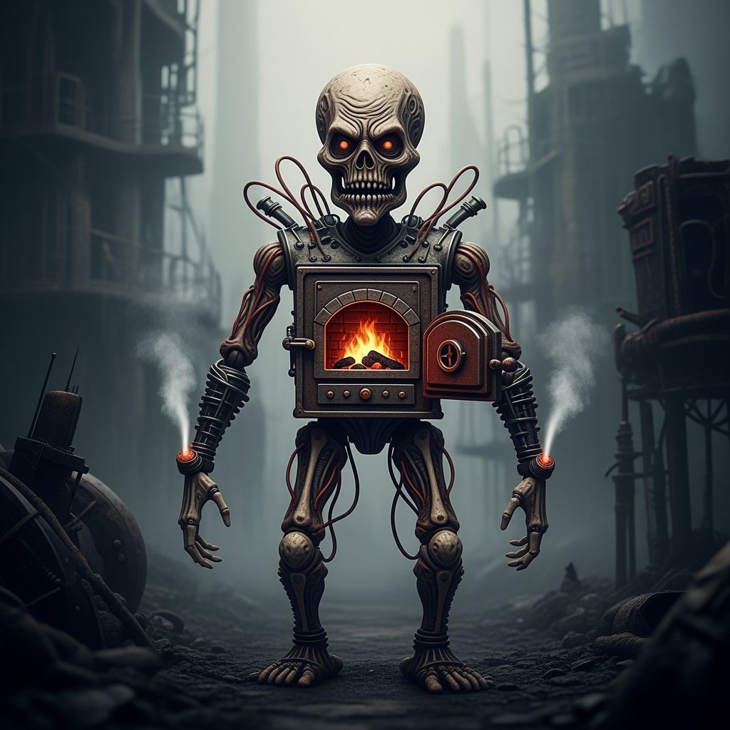 Horror Puppet with Furnace Door Chest in Dystopian Style