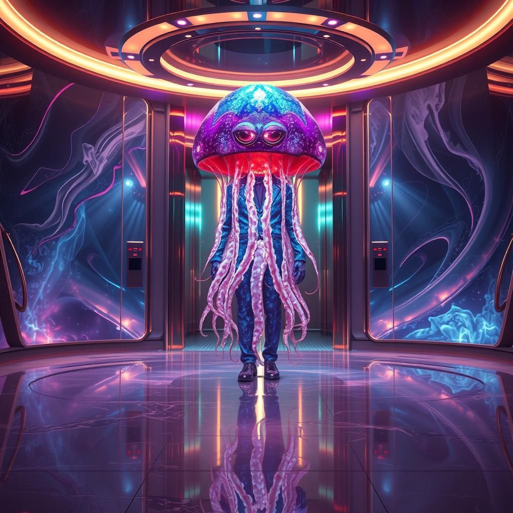 Jellyfish in Suit Awaits Elevator: Biomechanical Art