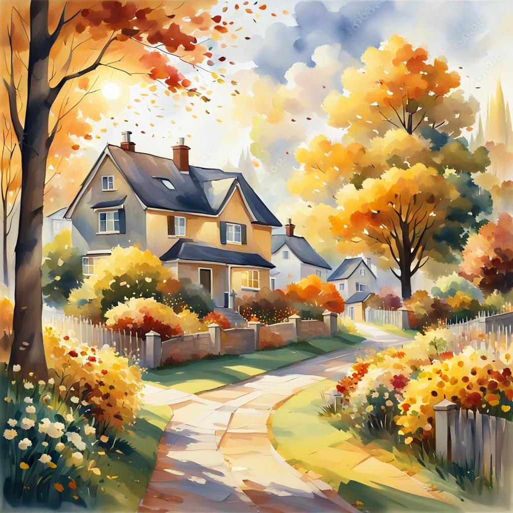 Idyllic Autumn Housing Estate in Impressionist Style