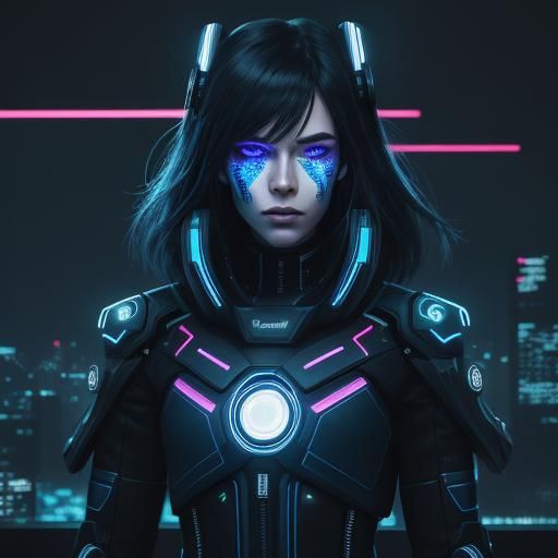 Glowing Neon Angel in Dark Cyberpunk Metropolis