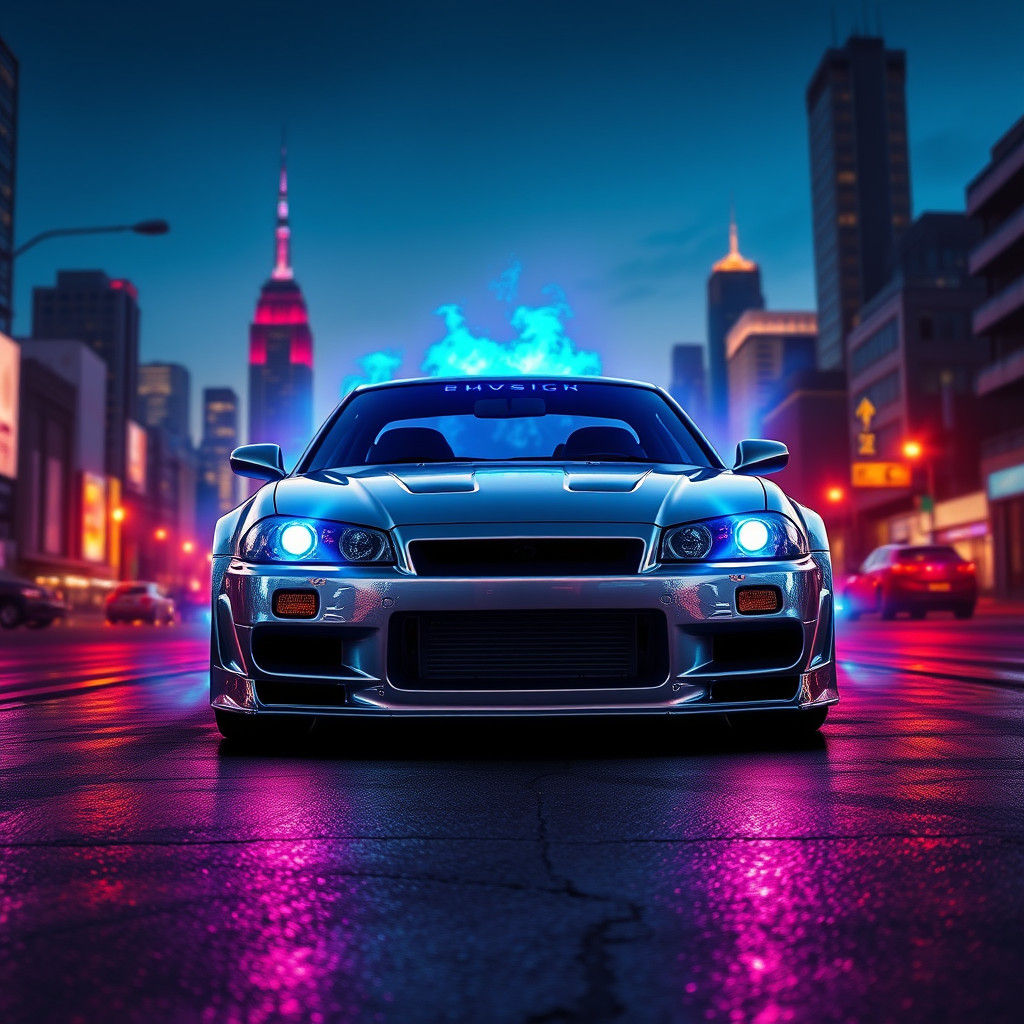 Sleek Nissan Silvia S15 in Neon Cityscape, Matte Painting