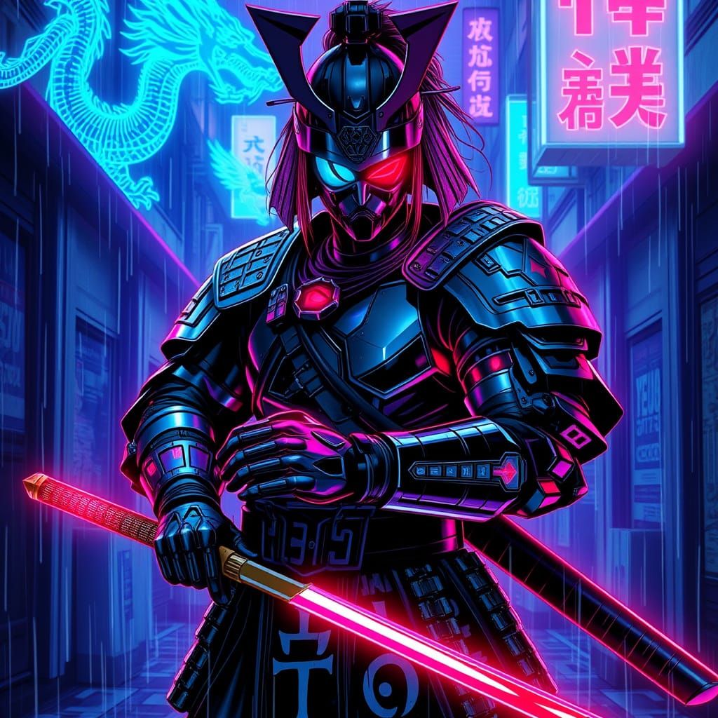 Cyberpunk Samurai in Neon Alley with Electric Katana