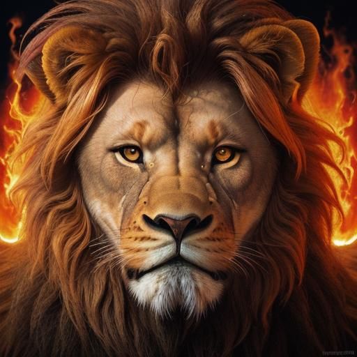 Fiery Wolflike Lion Portrait in Molten Lava