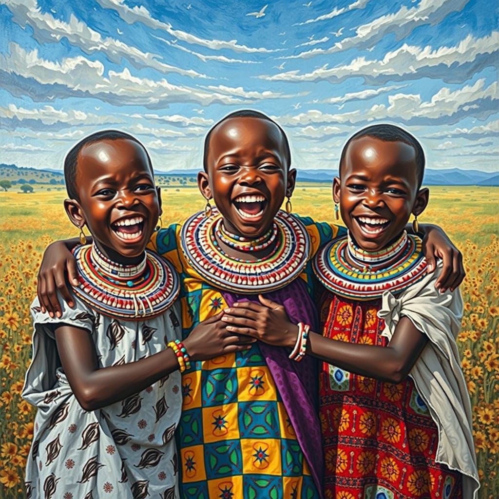 Joyful African Children Embrace in Vibrant Landscape