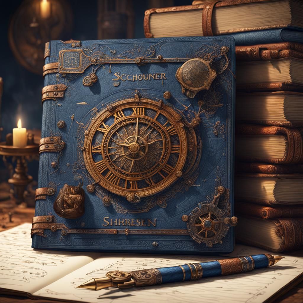 Blue Pen Writes in Old Notebook, Detailed Matte Painting