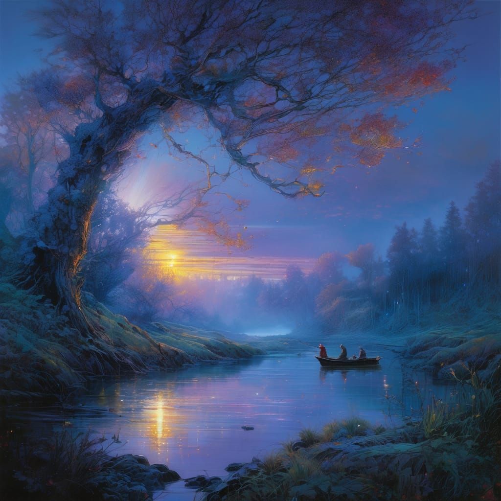 Sunrise Fishing on Ethereal River in Complementary Colors