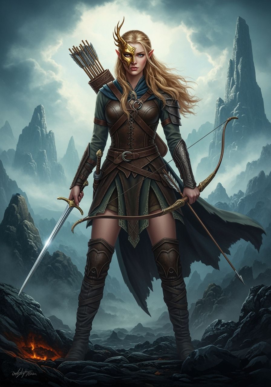 Golden Masked Elf Hunter with Sword and Bow