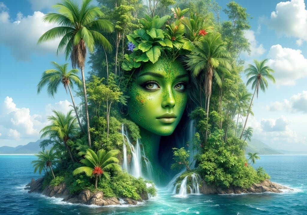 Surreal Island Goddess in Lush Landscape