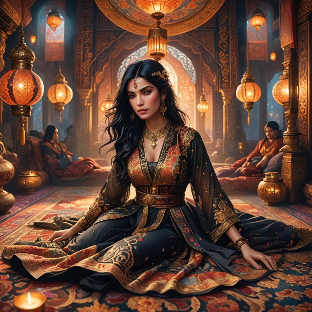 Woman in Harem Clothes Floating on Carpet