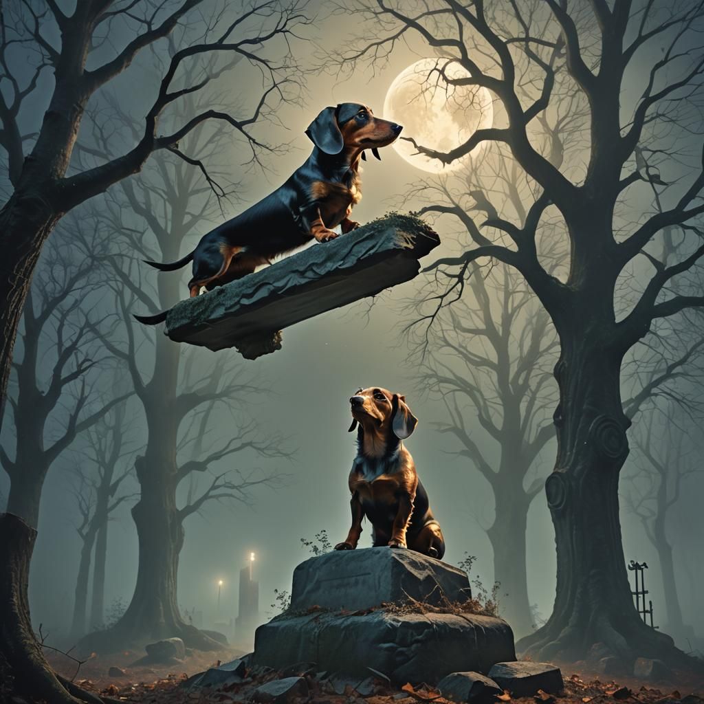 Ghost Dachshund Leaps into Owner's Arms in Magic Realism