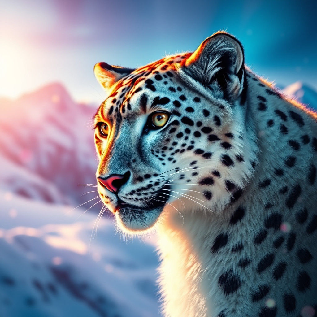 Majestic Snow Leopard Portrait with Aurora Borealis