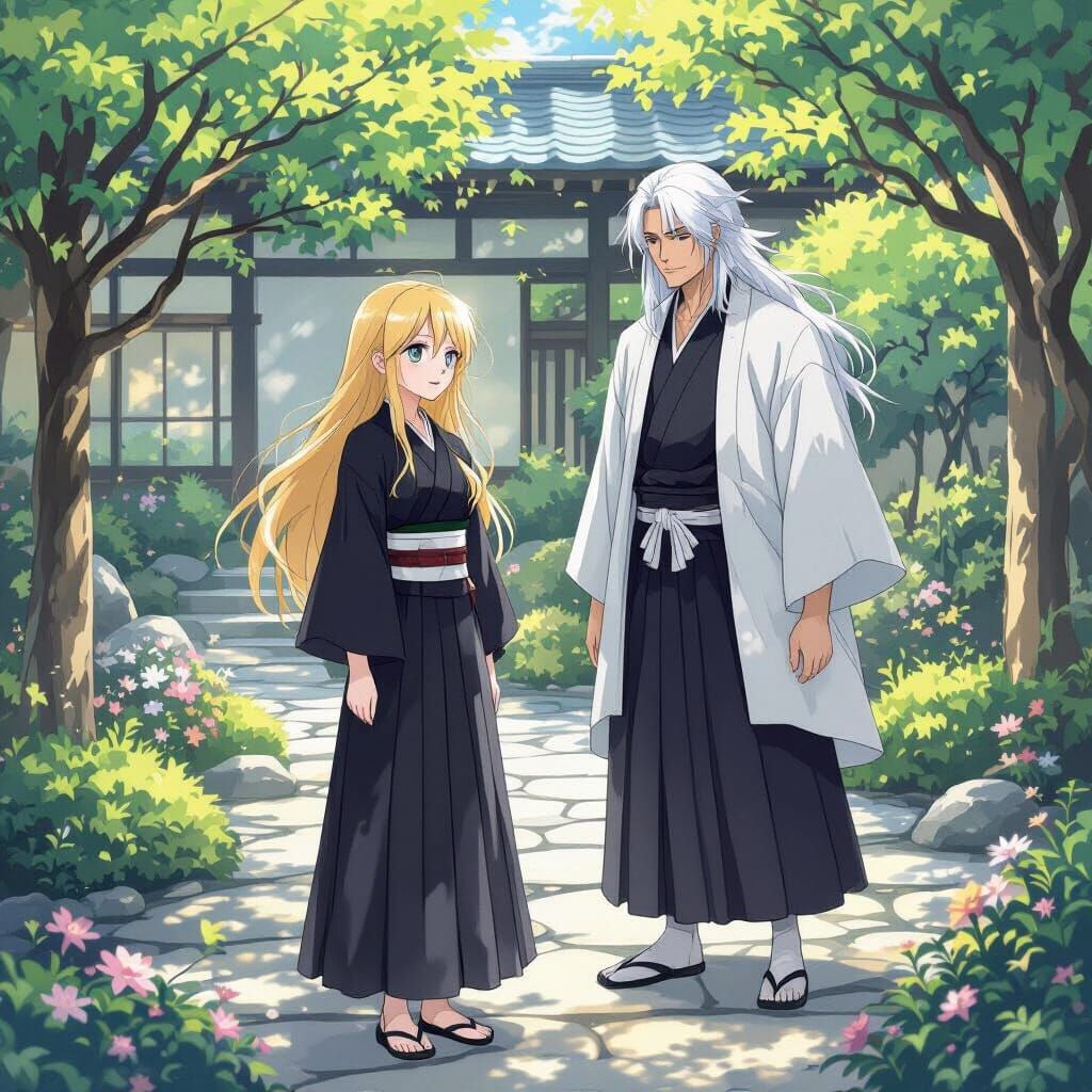 Anime Style Blonde Girl and Jushiro Ukitake in Garden