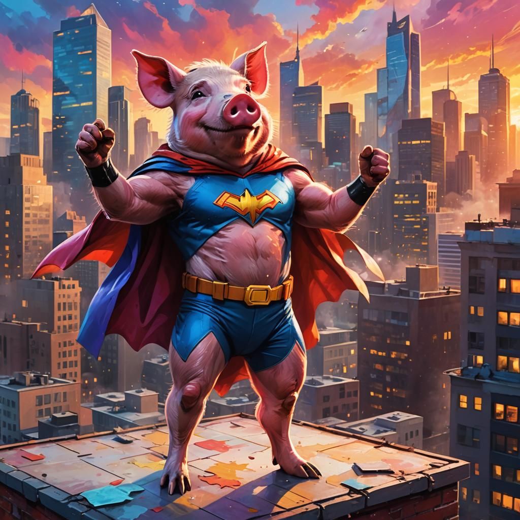 Heroic Pig on Rooftop: Pixar-Inspired Digital Art