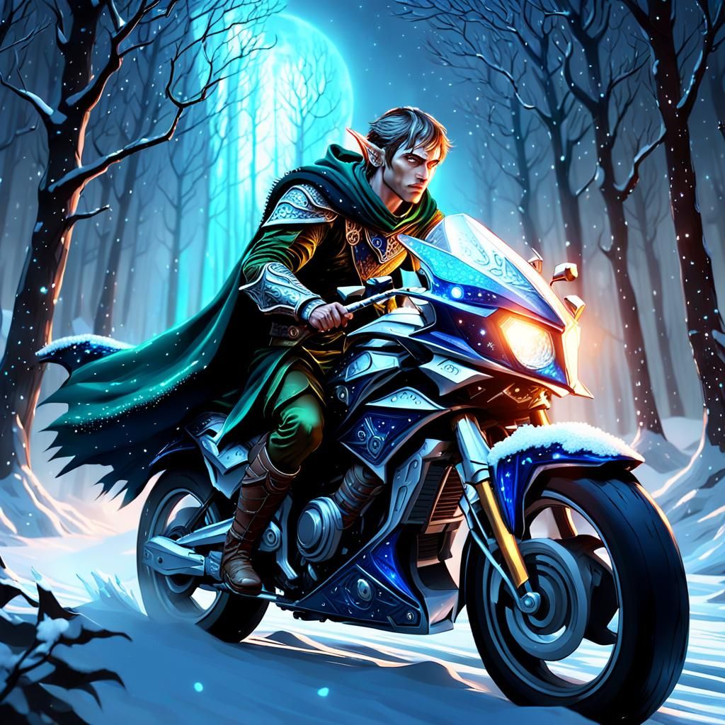 Majestic Dark Fantasy Elf Warrior Rides Motorcycle Under Sno...
