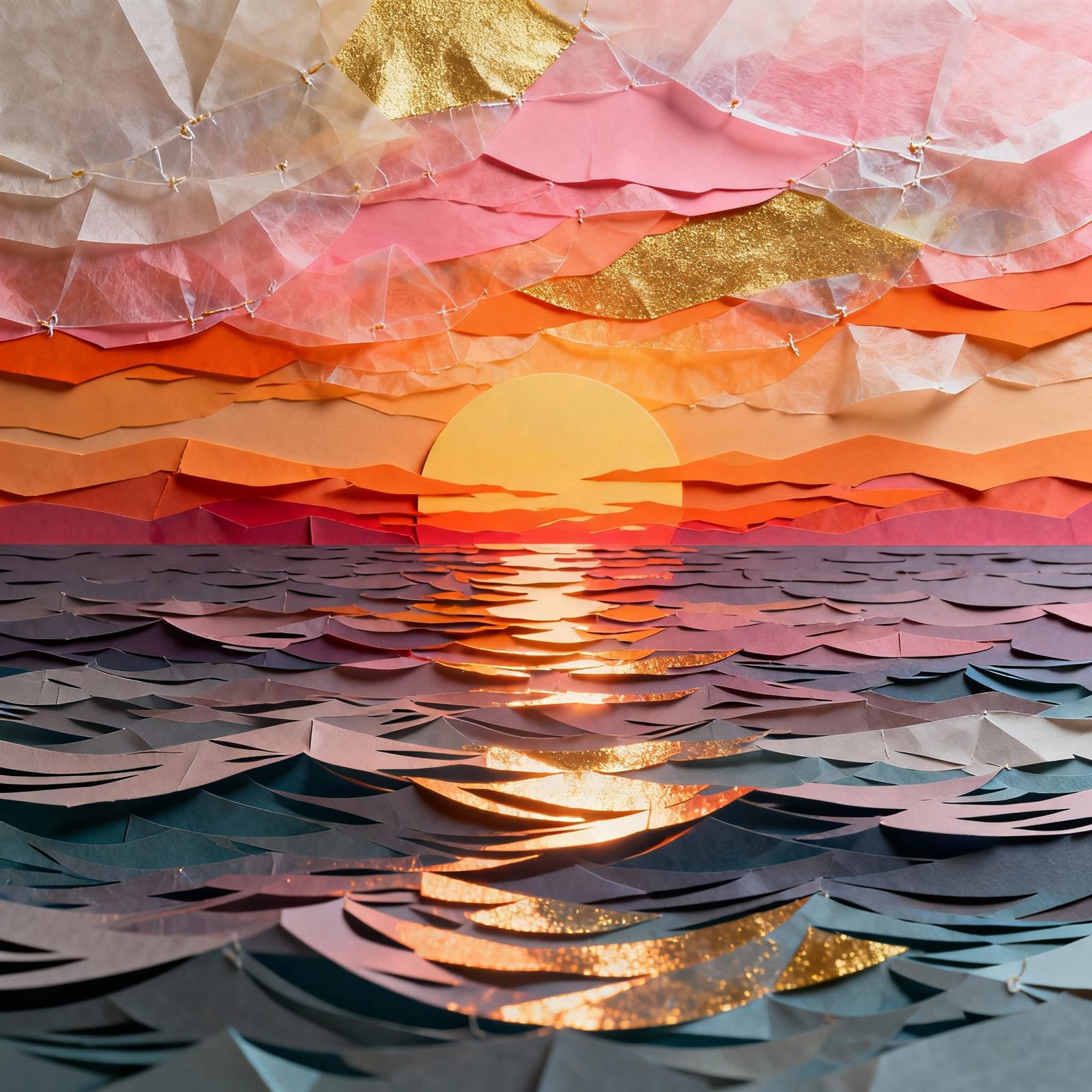 Vibrant Sunset Over Ocean in Layered Tissue Paper Style