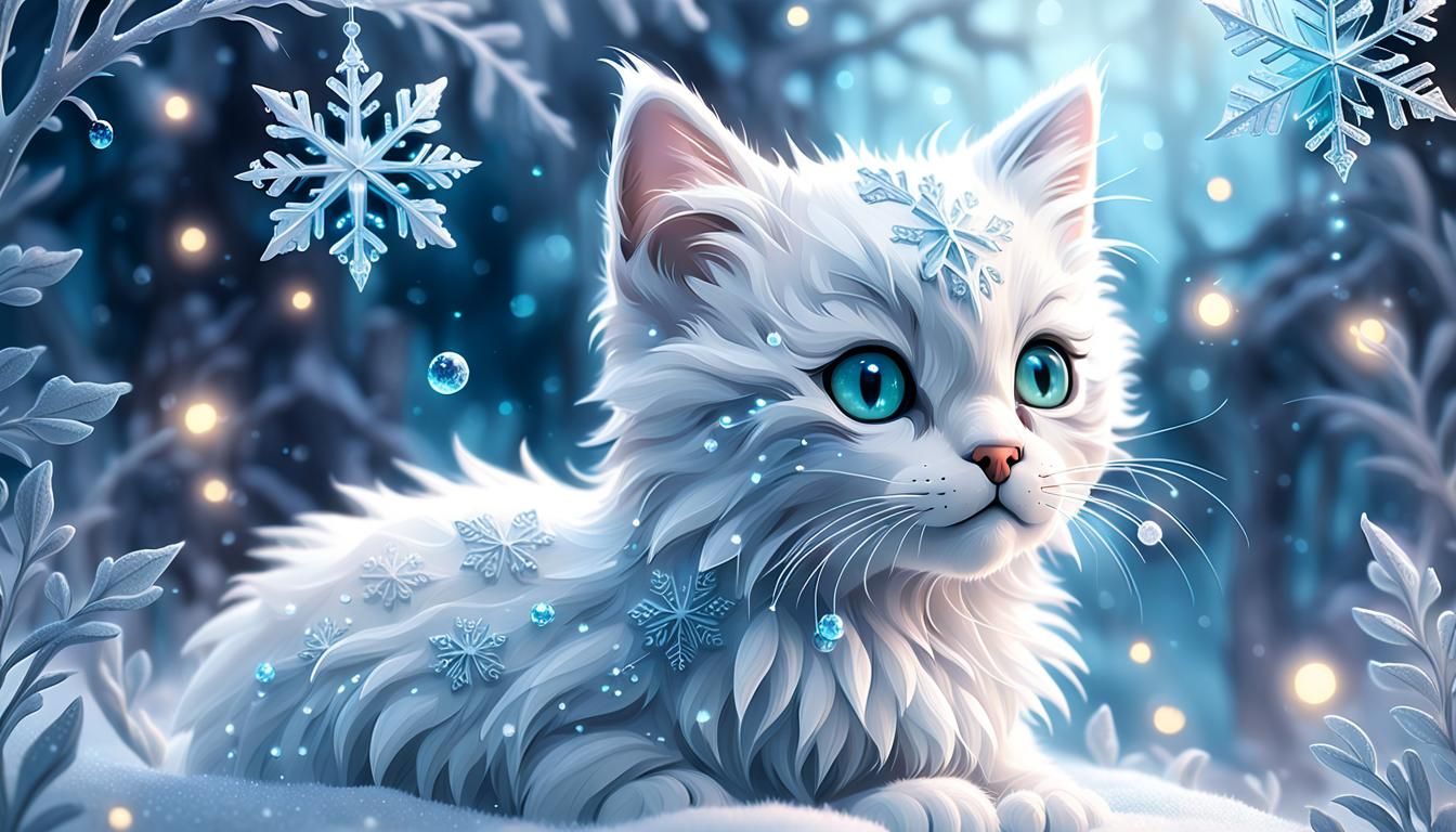 Frozen Snowflake Kitten: Ethereal 3D Fantasy