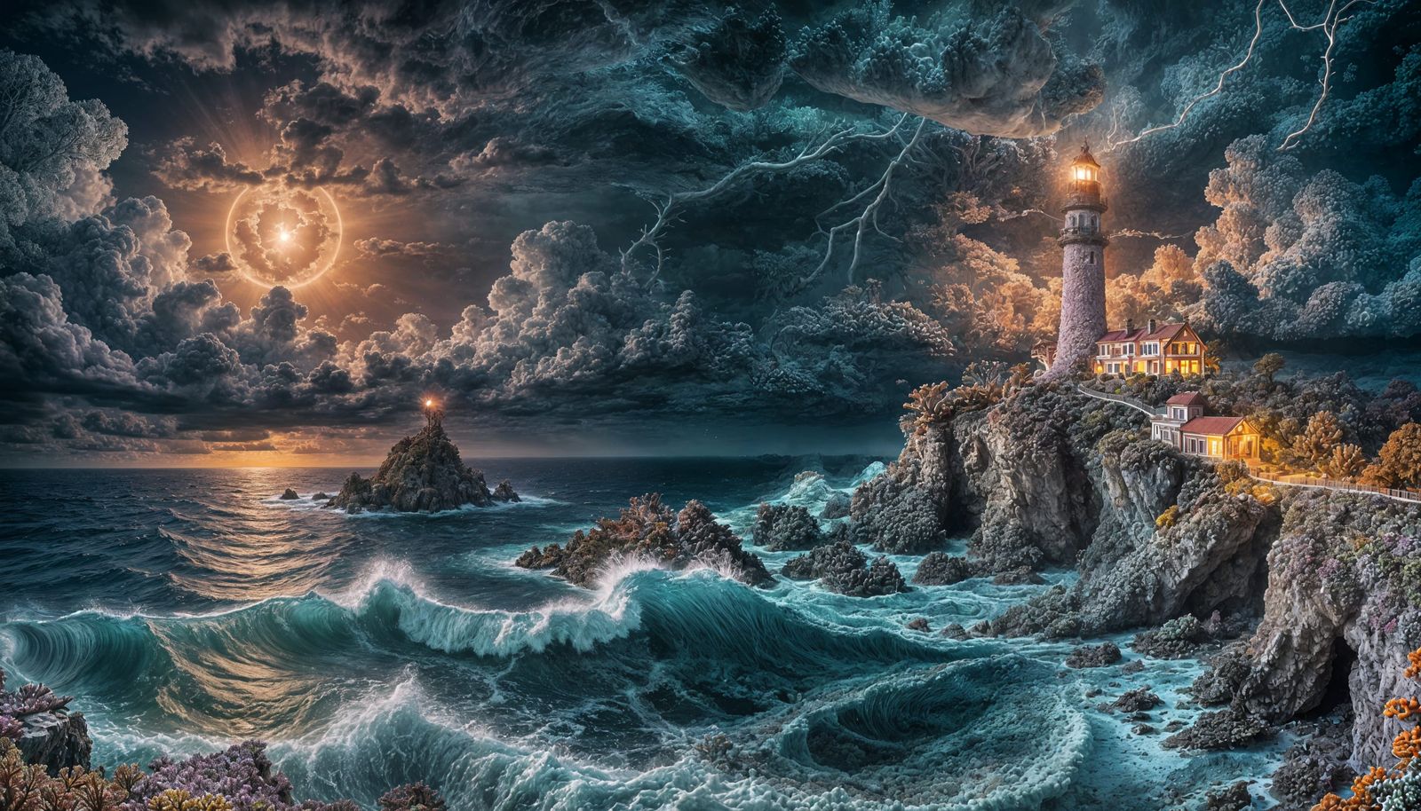 Lighthouse on Coral Cliff Under Stormy Moon
