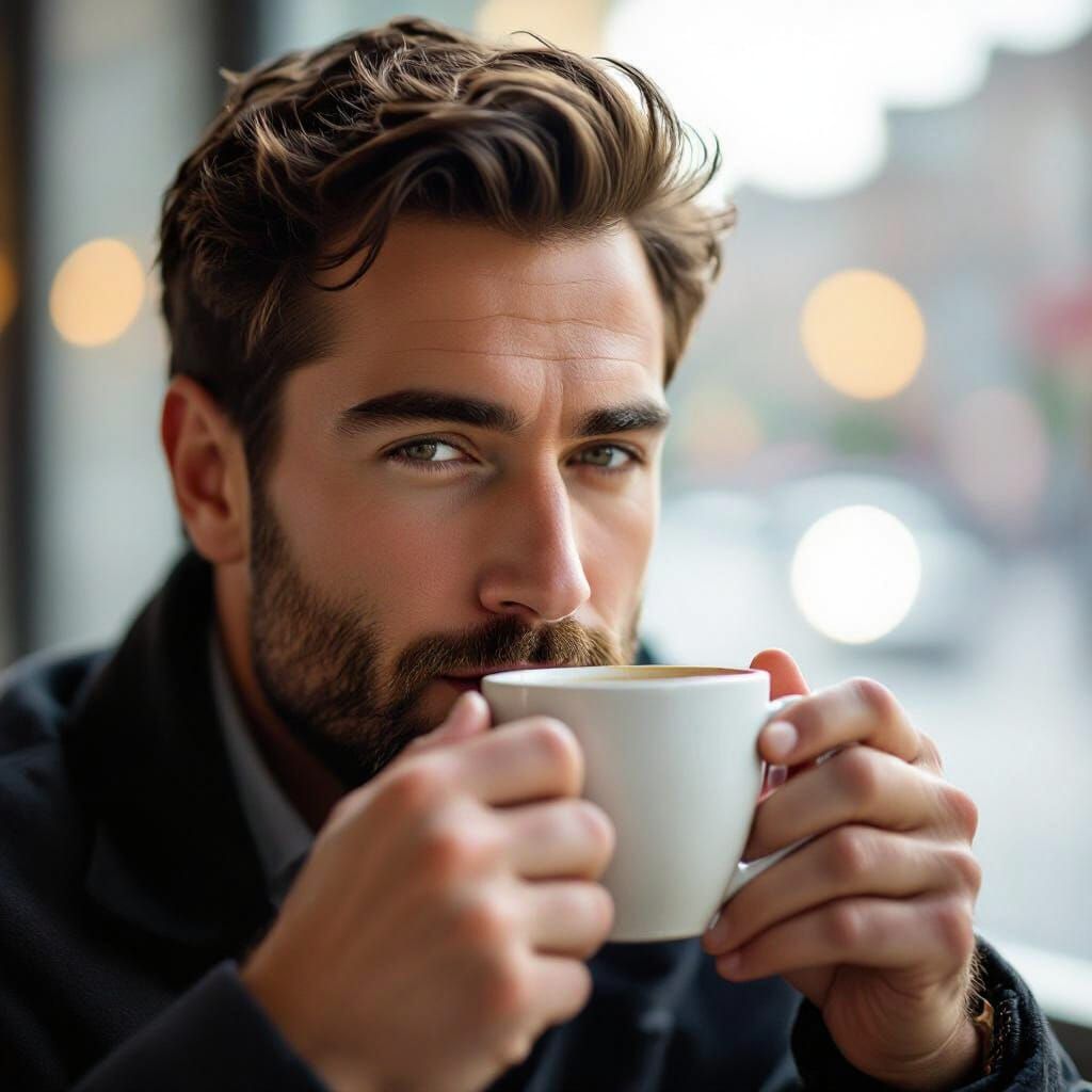 Professional Man Drinks Coffee in Studio Lighting
