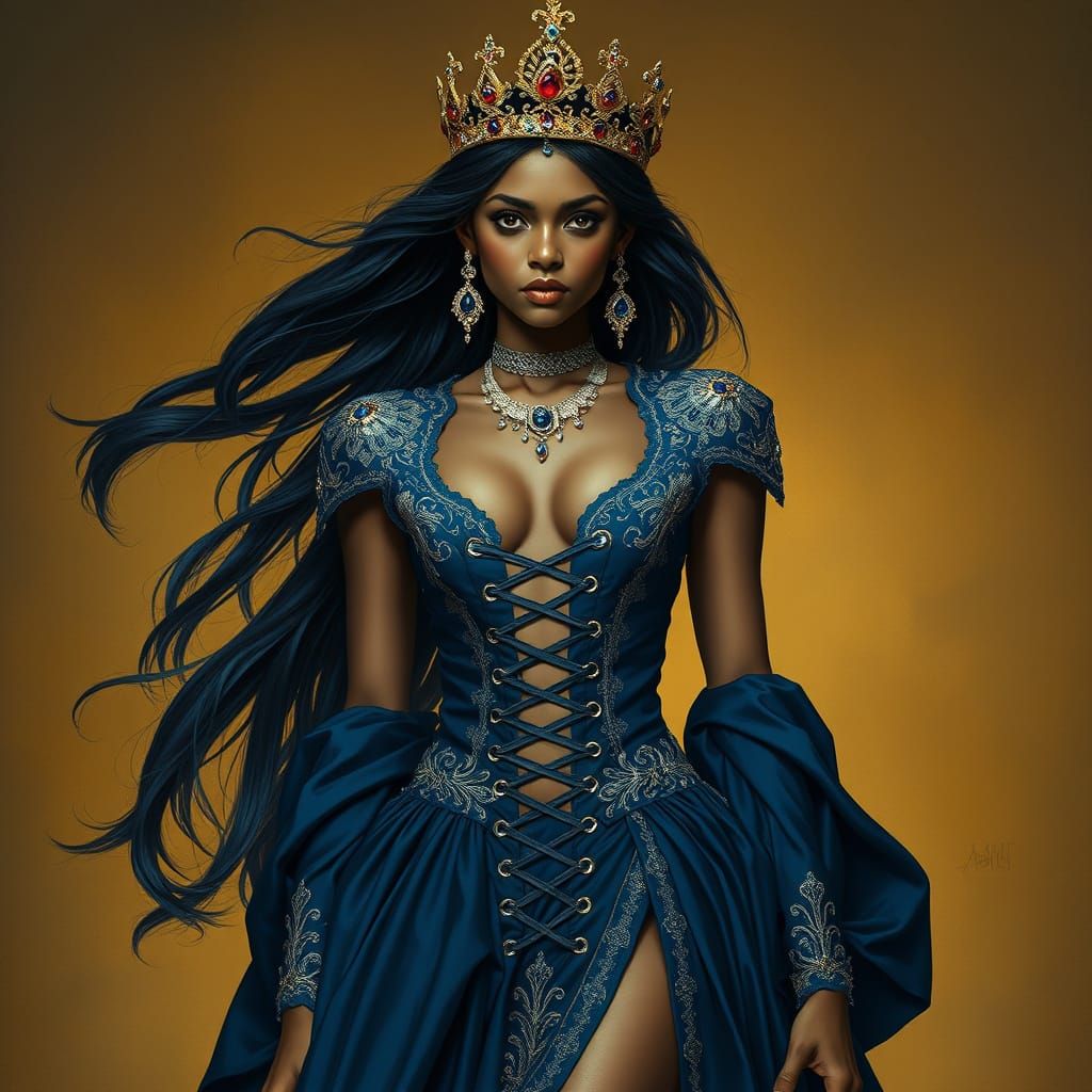 Sri Lankan Woman in Sapphire Gown, Baroque Style