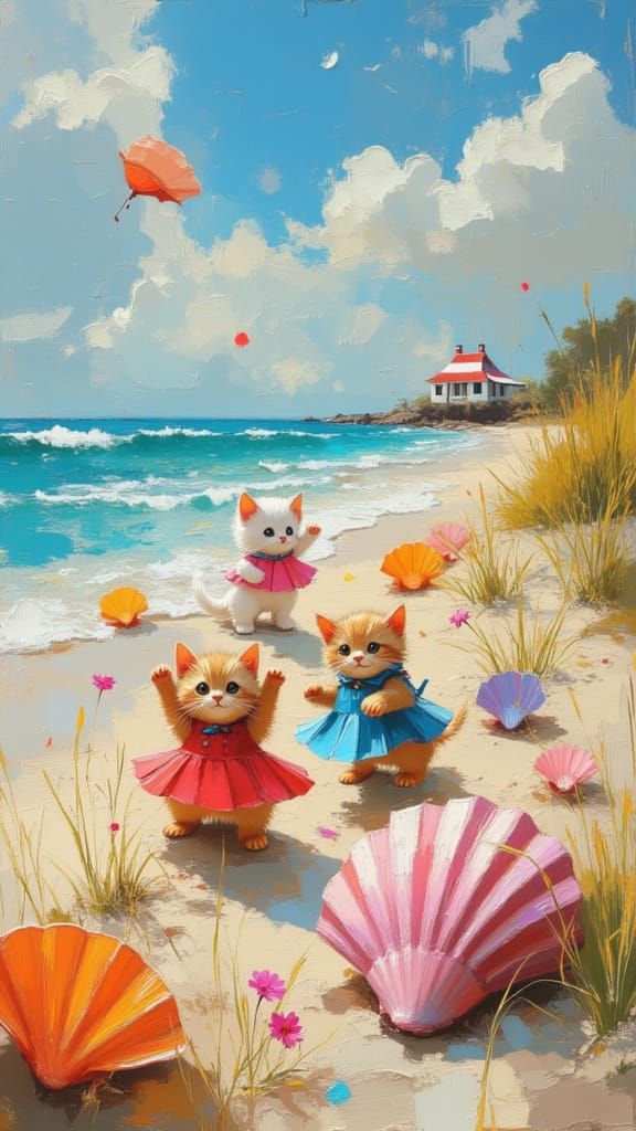Kittens Play on Beach with Seashells as Impasto