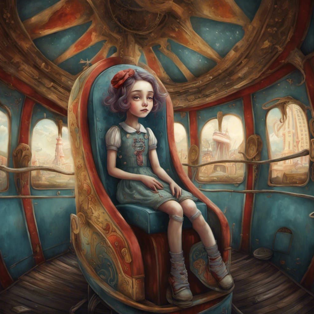 Girl on Roller Coaster in Abandoned Carnival