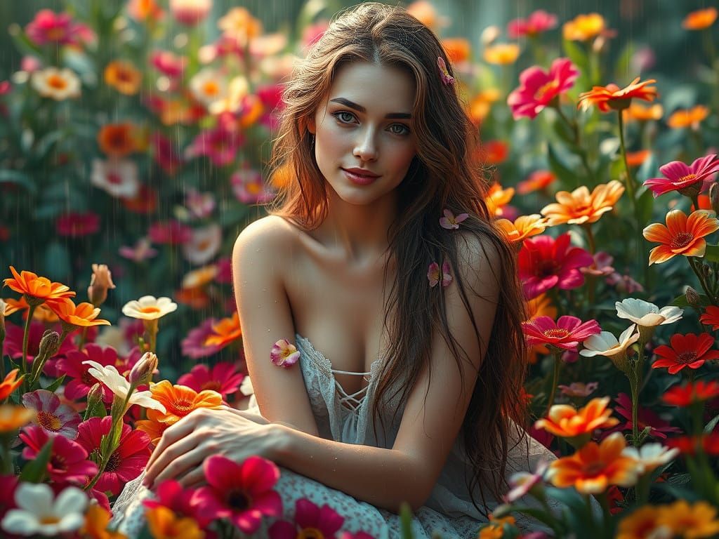 Serene Woman in Vibrant Garden with Rainy Flowers in Hair