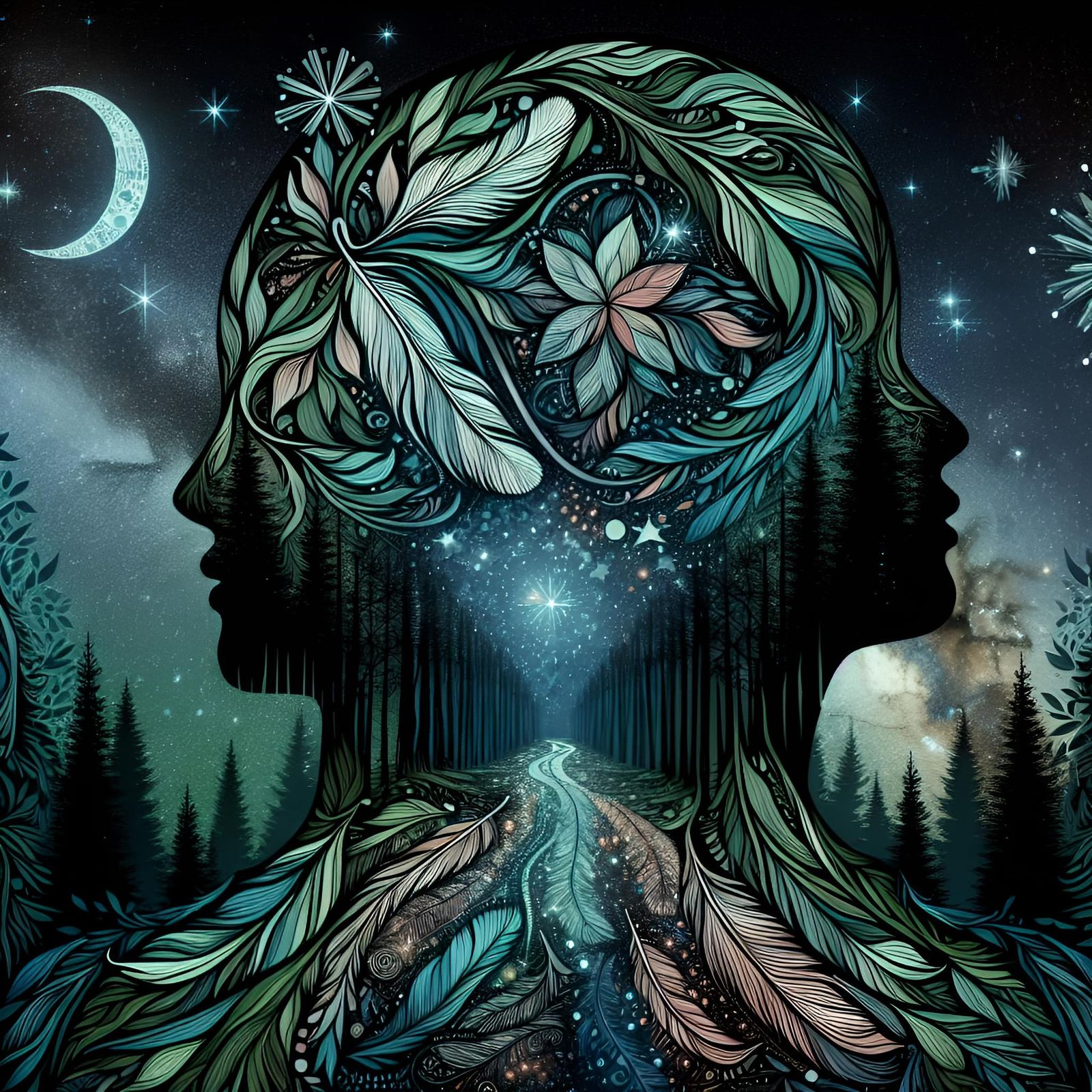 Woman of Peace on Forest Path in Digital Art Style