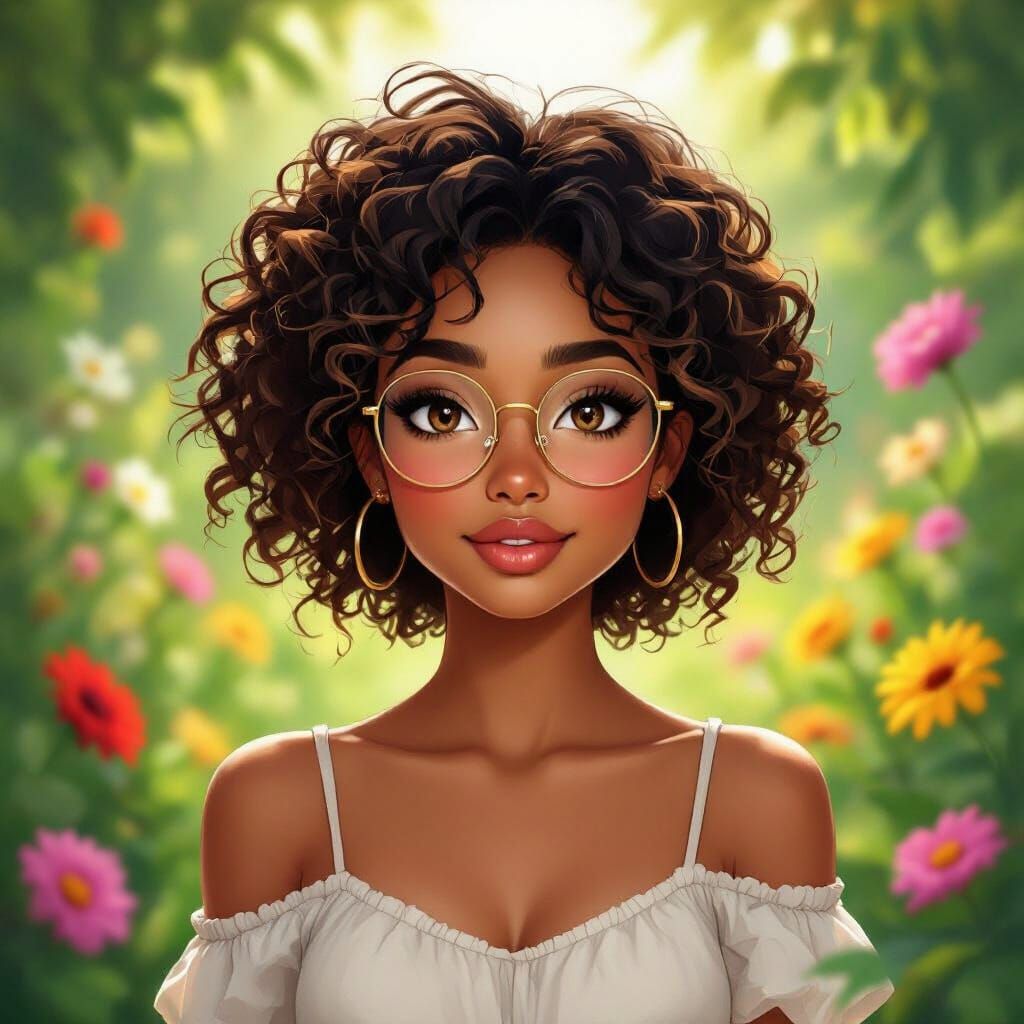 Woman in Lush Garden, Digital Painting Style