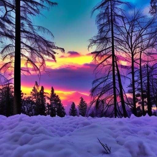 Purple Scuba Set in Snowy Forest Sunset