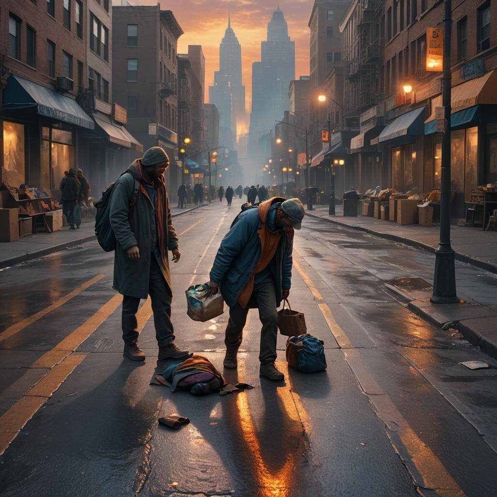 Volunteer Helping Homeless Person: Matte Painting