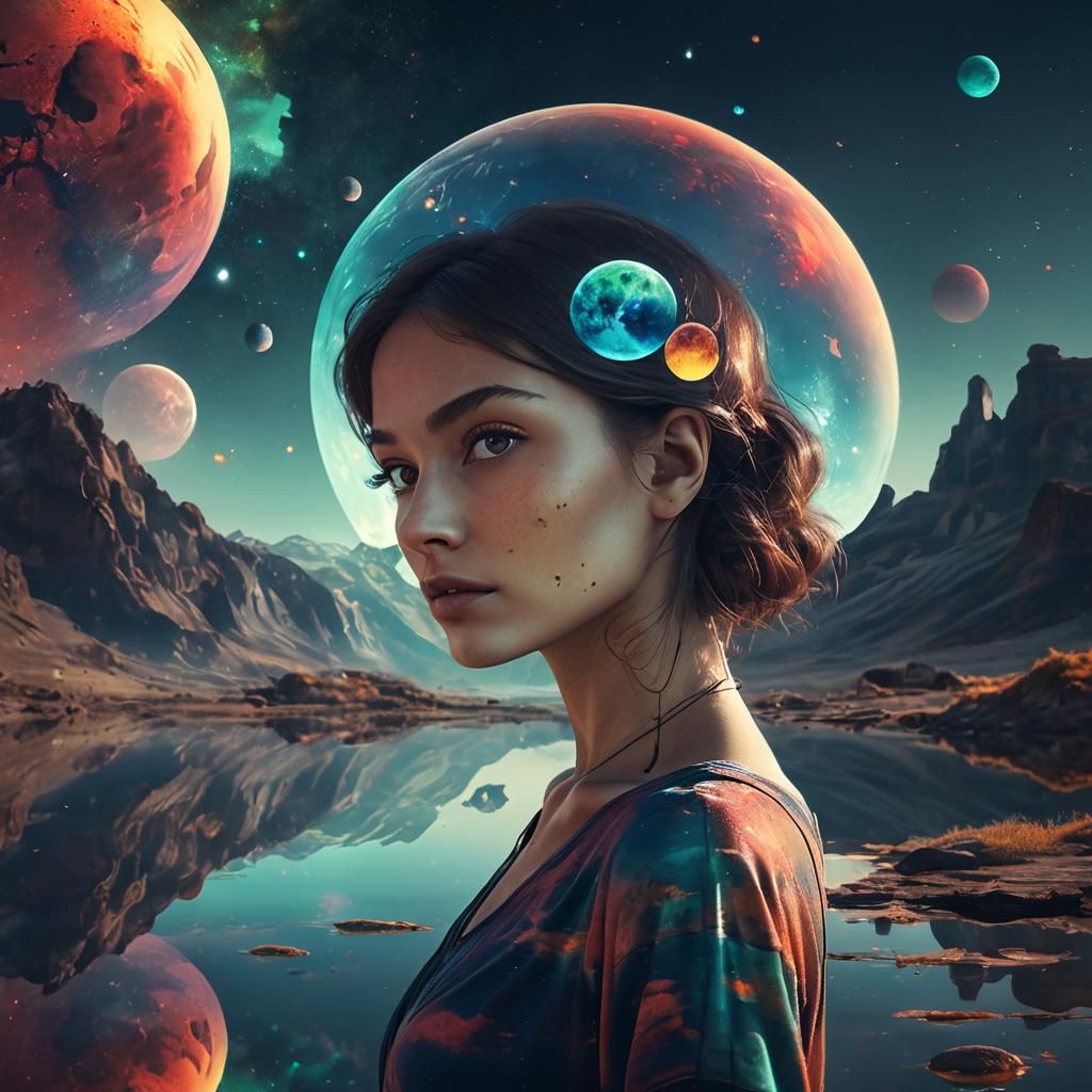 Surreal Double Exposure: Woman and Alien Planet