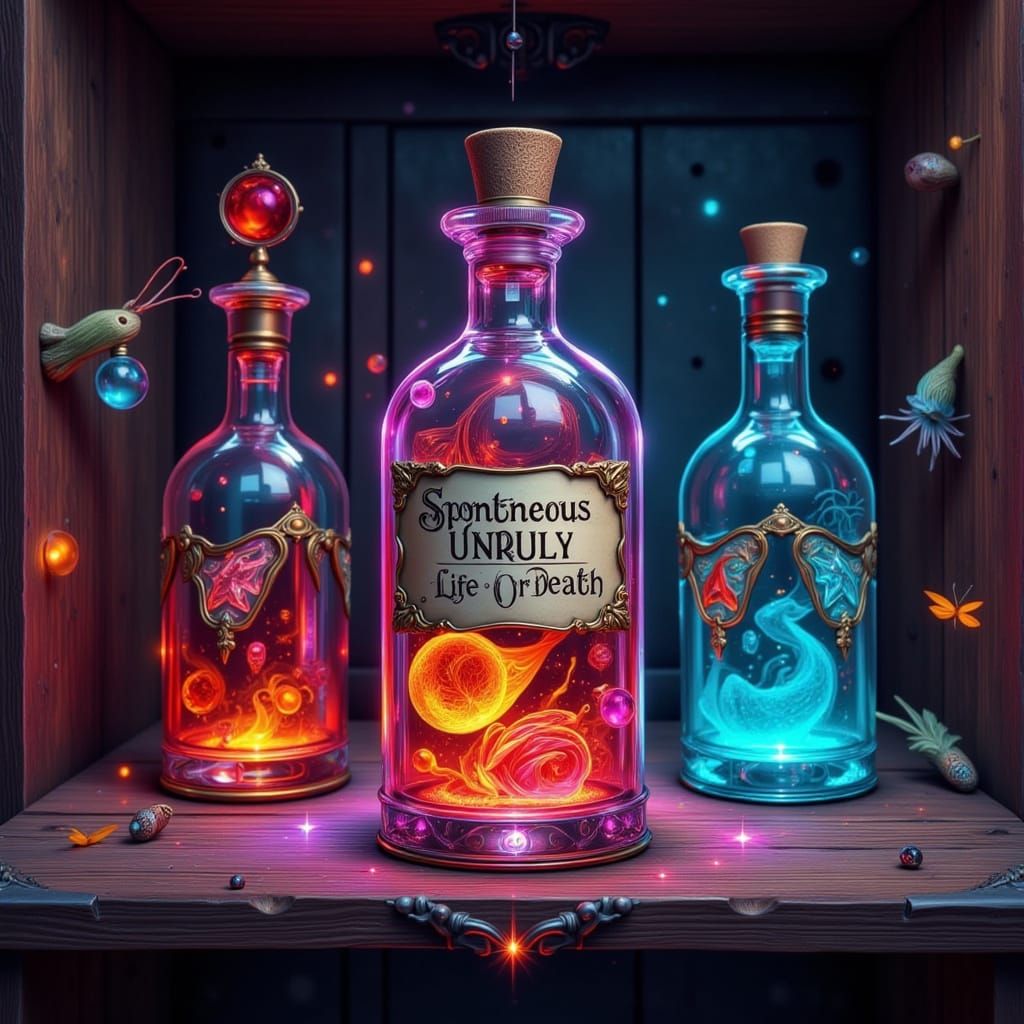 Vibrant Neon Potion in Ornate Vial on Wooden Shelf