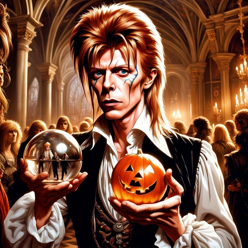 Young David Bowie as Jareth from Labyrinth holding a glass o...