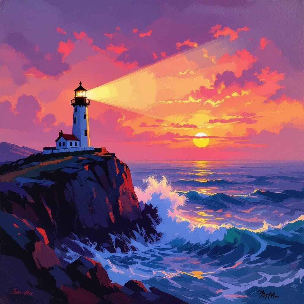 Lighthouse at Twilight in Expressive Romantic Style