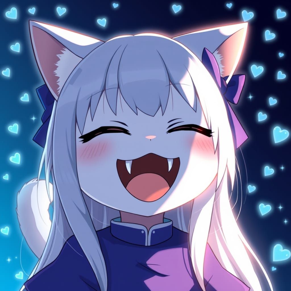 Ethereal Anime Catgirl Laughing Joyfully in a Blue Gradient ...